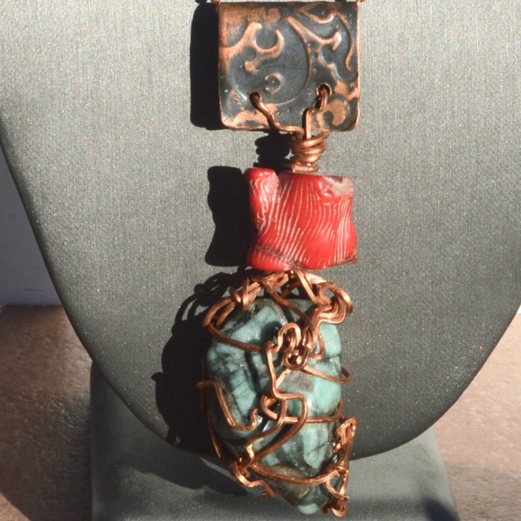 Conceptual Subculture Other - Genuine Emerald Gemstone Coral Pendant Copper OOAK